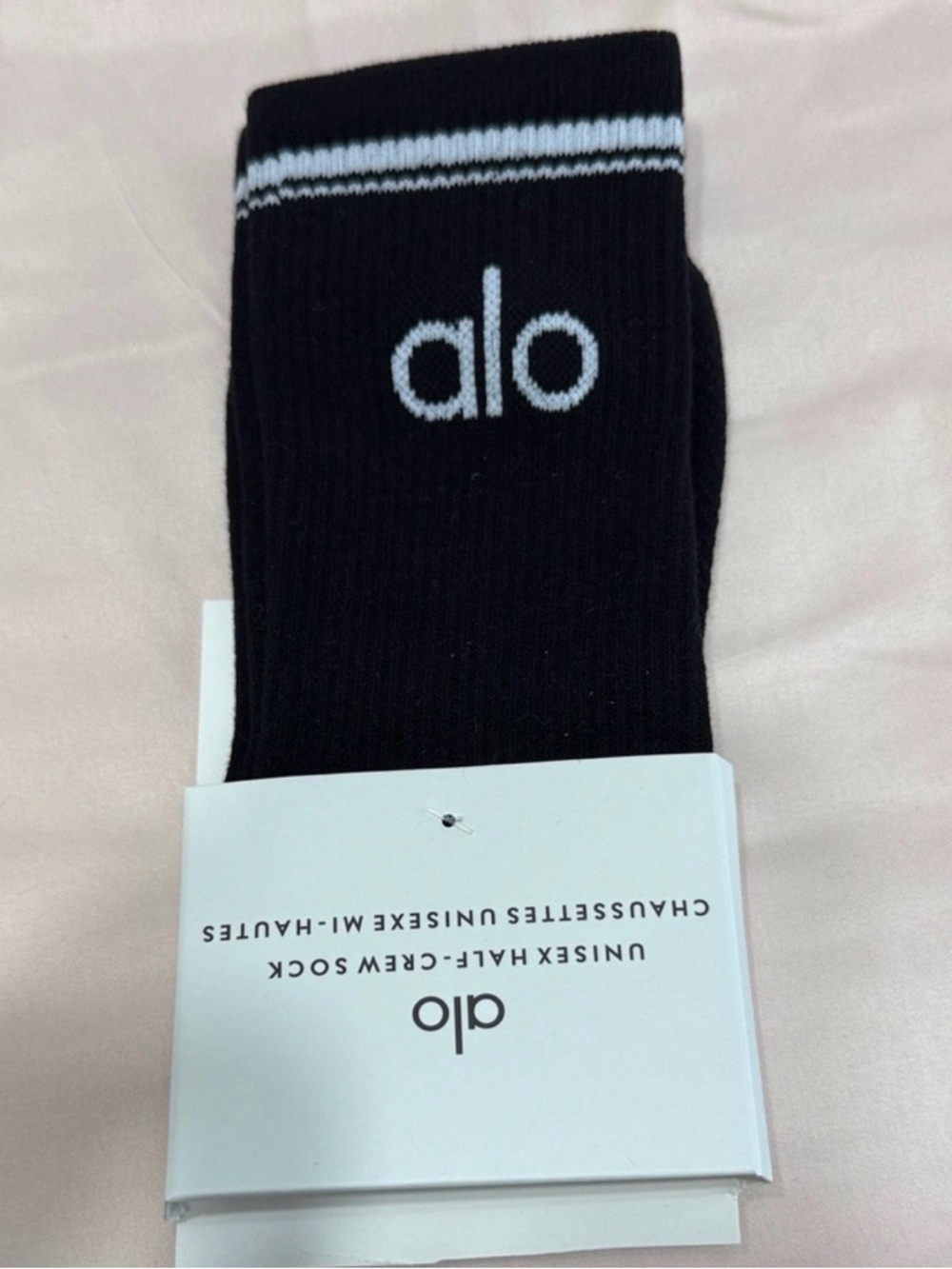 ALO Yoga Black Crew Socks with White Logo & Stripe